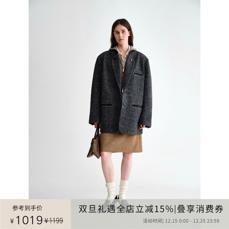 PLANITES 轻量保暖全羊毛斜纹杂点 翻门襟毛呢西装外套