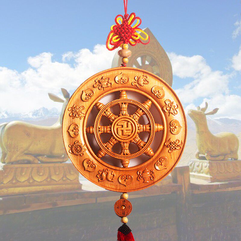 易步高升桃木法轮家居风水用品雕刻八吉祥八宝客厅挂件 扎西德勒