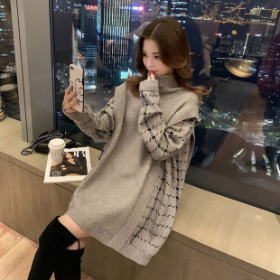 拼接假两件高领毛衣女中长款2026秋冬季新款慵懒风裙子针织衫上衣