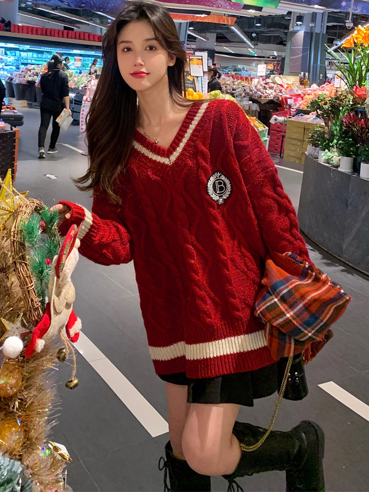 秋冬季毛衣女宽松外穿中长款上衣慵懒风韩版麻花套头v领针织衫潮