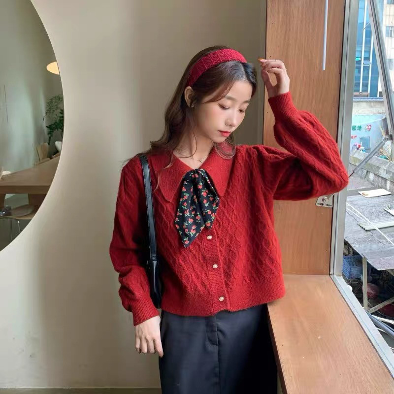 大码女装翻领麻花针织开衫秋季碎花蝴蝶结系带宽松灯笼袖毛衣上衣