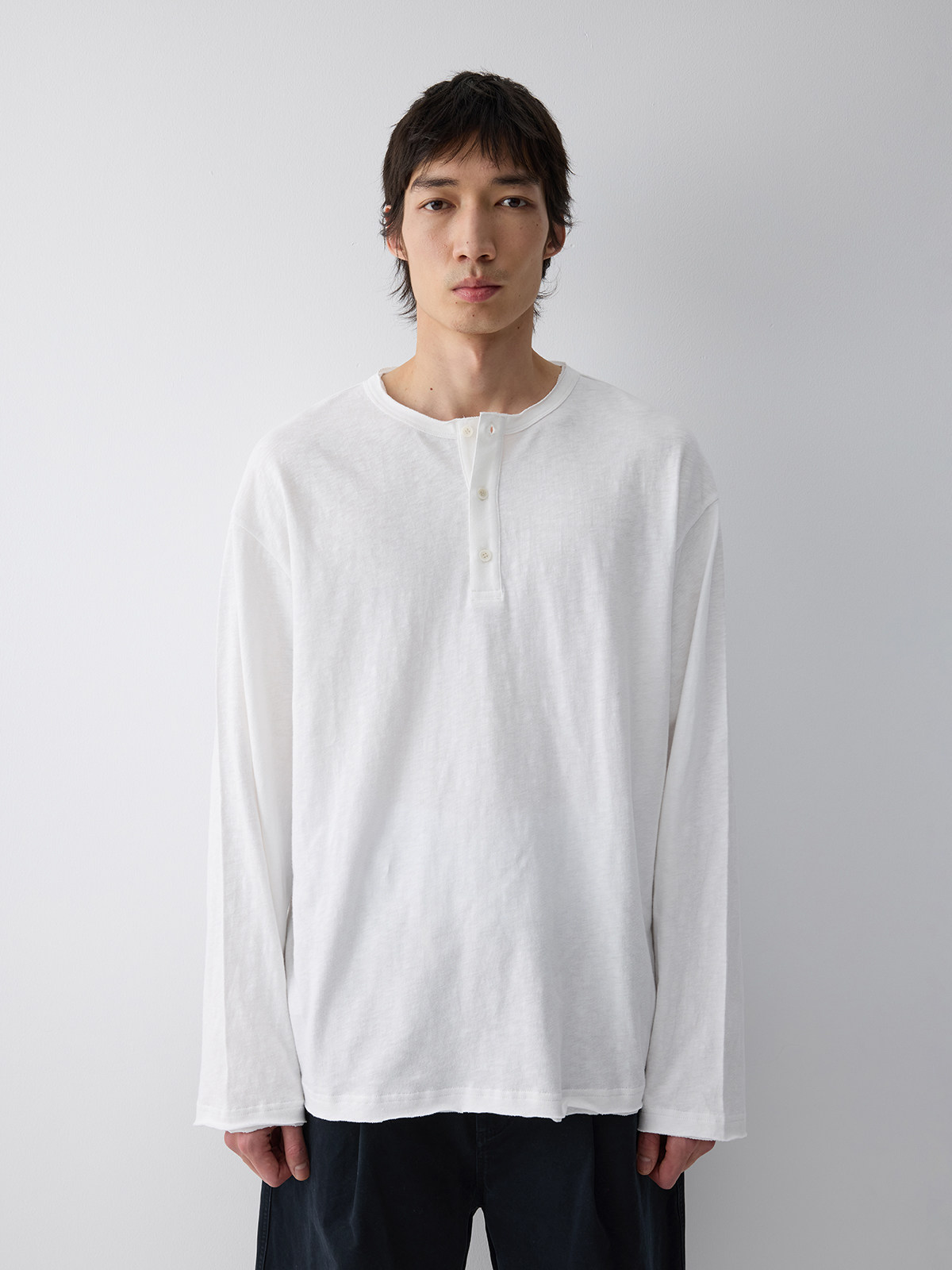 thumbnail for COMMON SCENTS Henry Collar Bamboo Cotton 195g m² Semi-Open Rolled Loose Long Sleeve T-Shirt