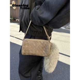 拾遗部落 编织麂皮笔筒包小包迷你笔袋圆筒手提手拎斜挎单肩包