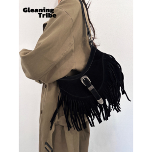 拾遗部落 秋冬复古西部流苏麂皮磨砂通勤单肩手提腋下包斜挎包