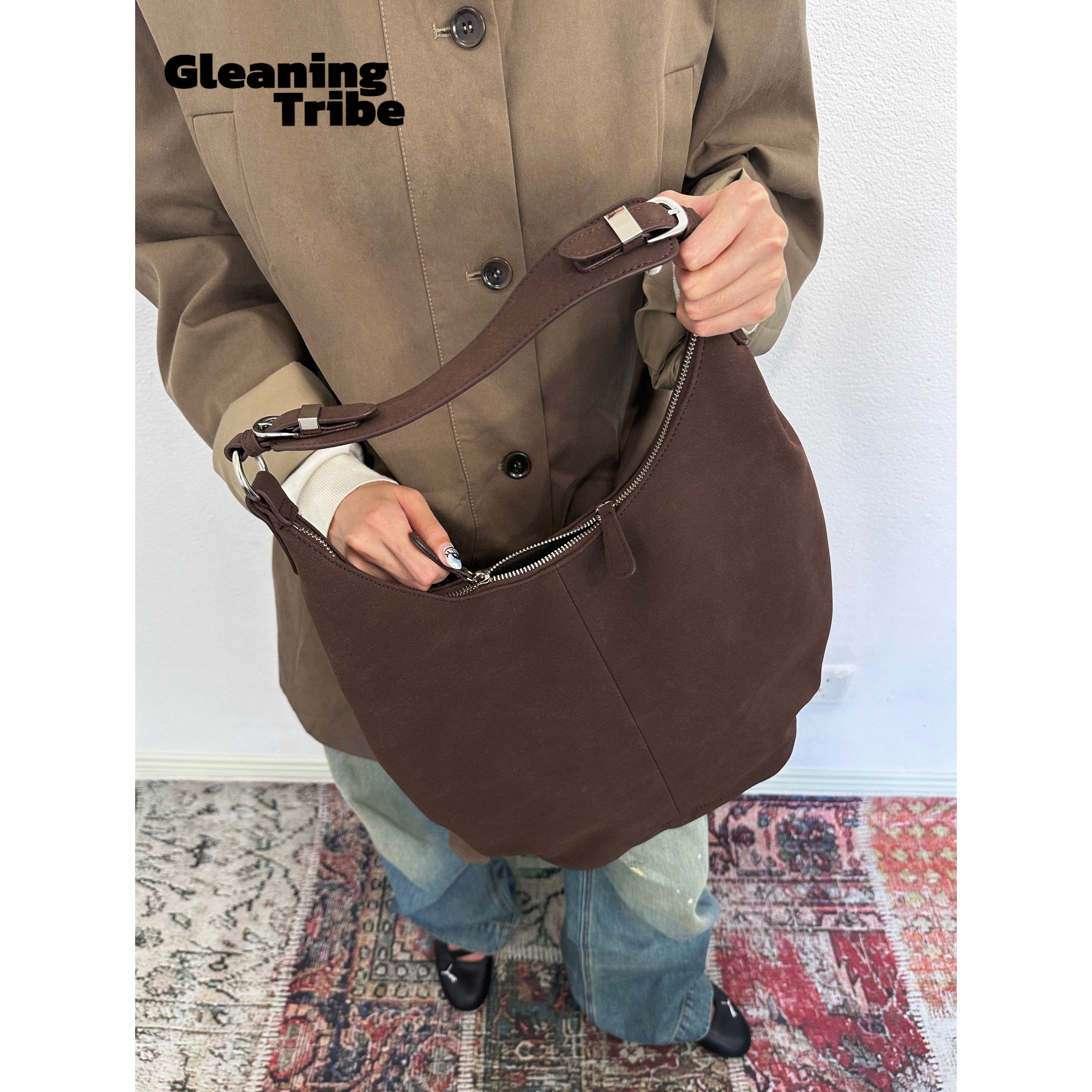 秋冬复古棕色麂皮大容量托特包