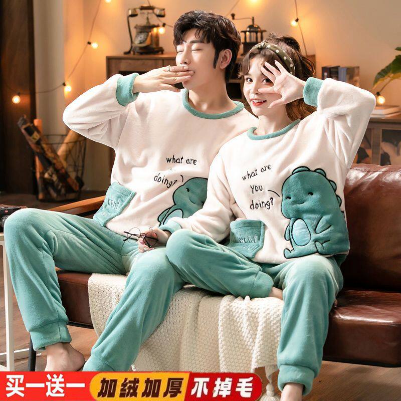 情侣睡衣秋冬季珊瑚绒套头卡通可爱加绒加厚冬款法兰绒男女家居服