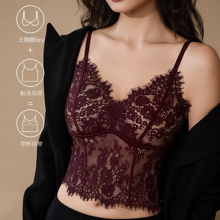 薄款美背内衣女抹胸式防走光蕾丝缎面小胸聚拢U型露背文胸罩内搭