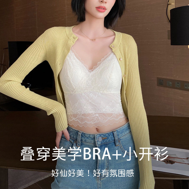 吊带背心女夏季薄款带胸垫内搭法式蕾丝美背一体式文胸内衣可外穿