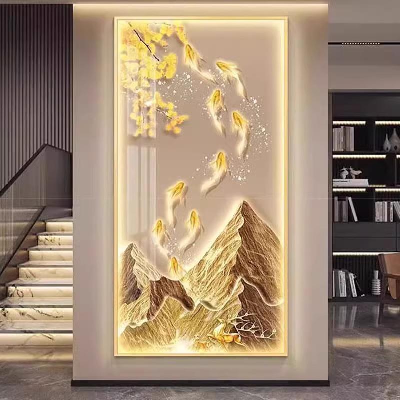 轻奢玄关装饰画九鱼图Led带灯客厅壁画简约高档入户进门走廊挂画