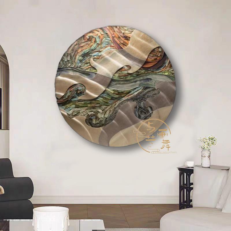 新中式壁画禅意中国风过道楼梯阳台走廊灯圆形实物画样板间装置画