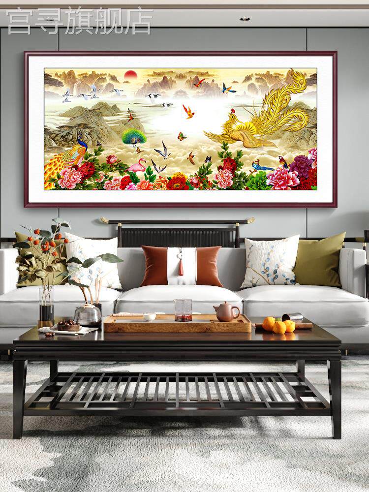 新款新中式百鸟朝凤图客厅电视沙发背景墙装饰画孔雀花鸟寓意壁画