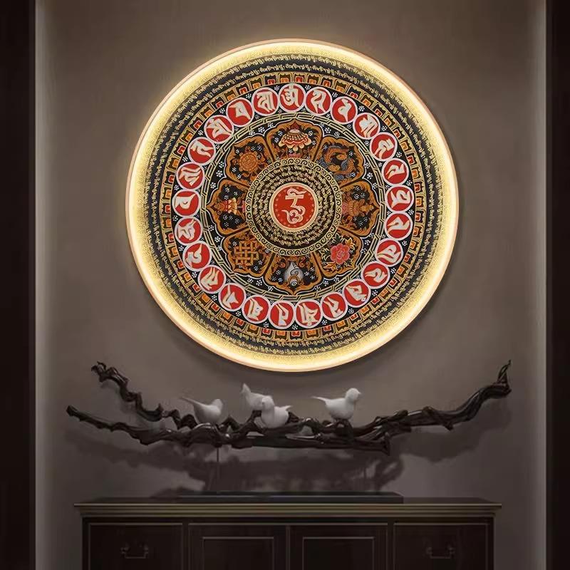 六字大明咒真言唐卡挂画画曼陀罗圆形边框带灯发光壁画画箴言佛堂