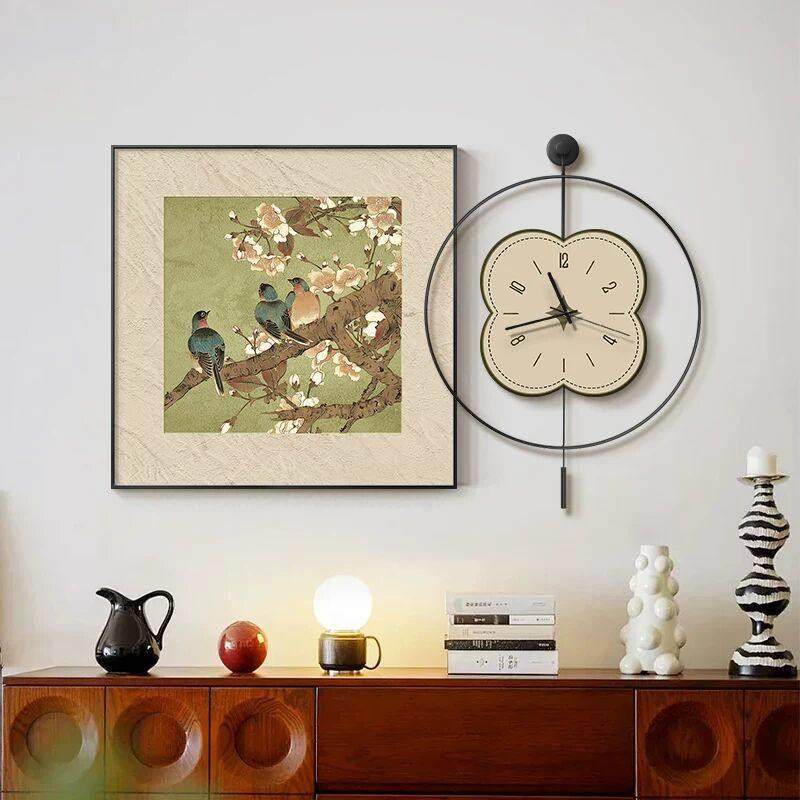 中古风花鸟餐厅装饰画挂钟客厅玄关新中式复古餐桌背景墙挂画时钟,家居饰品,现代装饰画,淘宝优惠券,粉丝福利购,淘宝优惠卷
