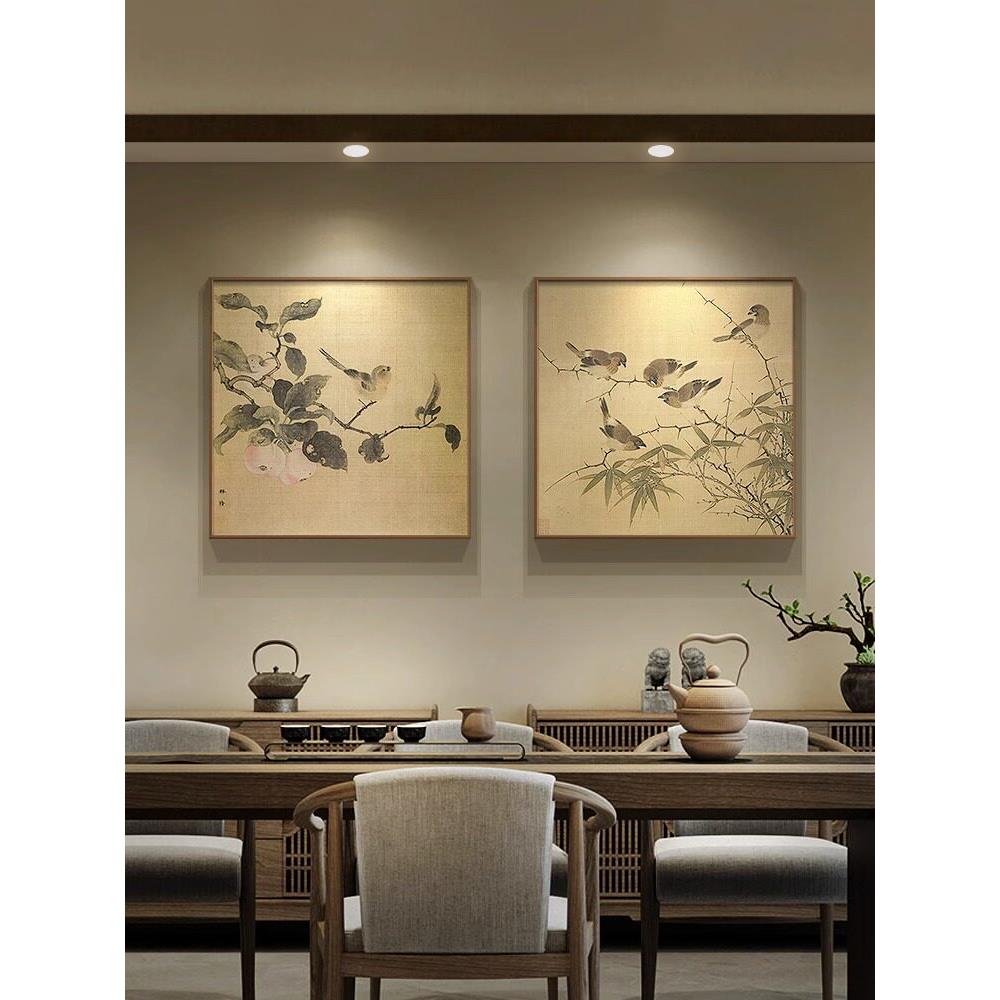 林椿宋代名画果熟来禽图茶室禅意挂画新中式枇杷山鸟客餐厅装饰画图片