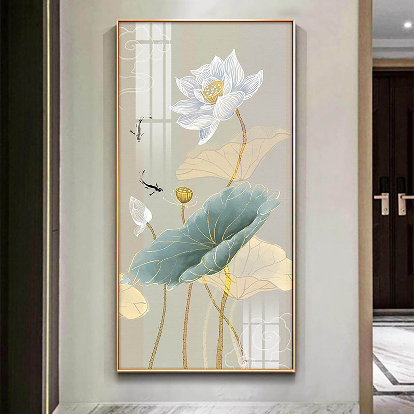 2025新款荷花九鱼图玄关装饰画入户走廊过道新中式寓意好挂画壁画