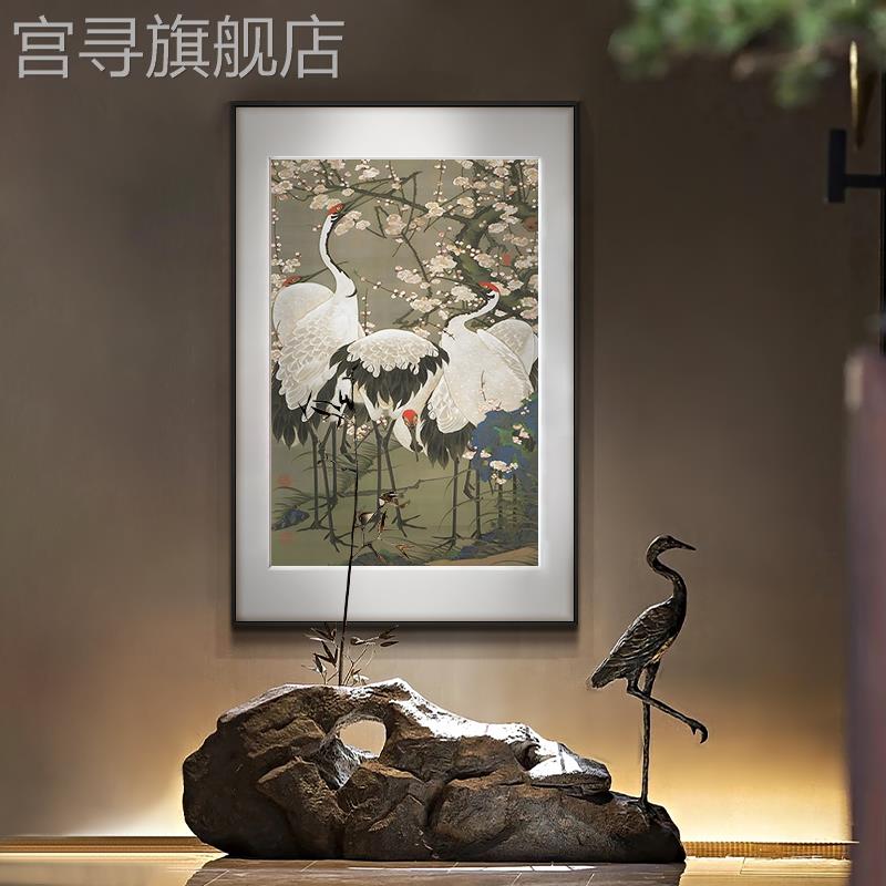 新中式客厅装饰画酒店餐厅仙鹤国画砂岩卡纸挂画别墅竖版背景壁画图片