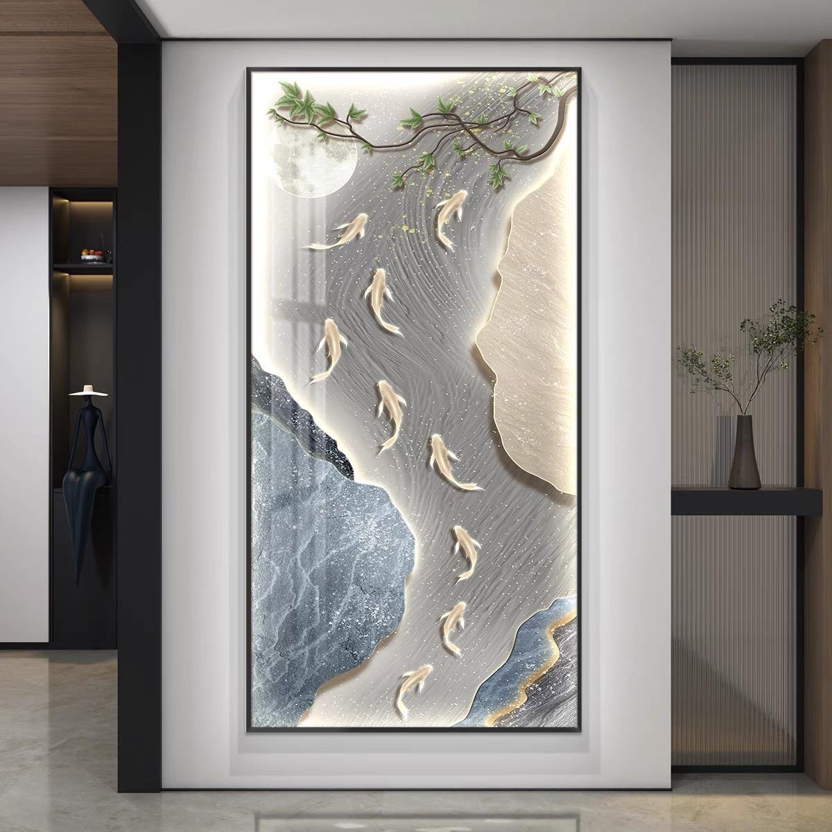 九鱼聚财led带灯轻奢入户玄关装饰画简约现代挂画走廊过道壁画