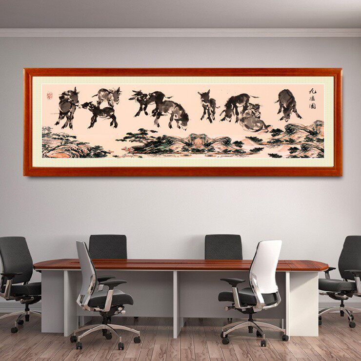 网红九驴图放驴图墙定做中式餐厅驴肉馆大厅客厅实木有框画定做