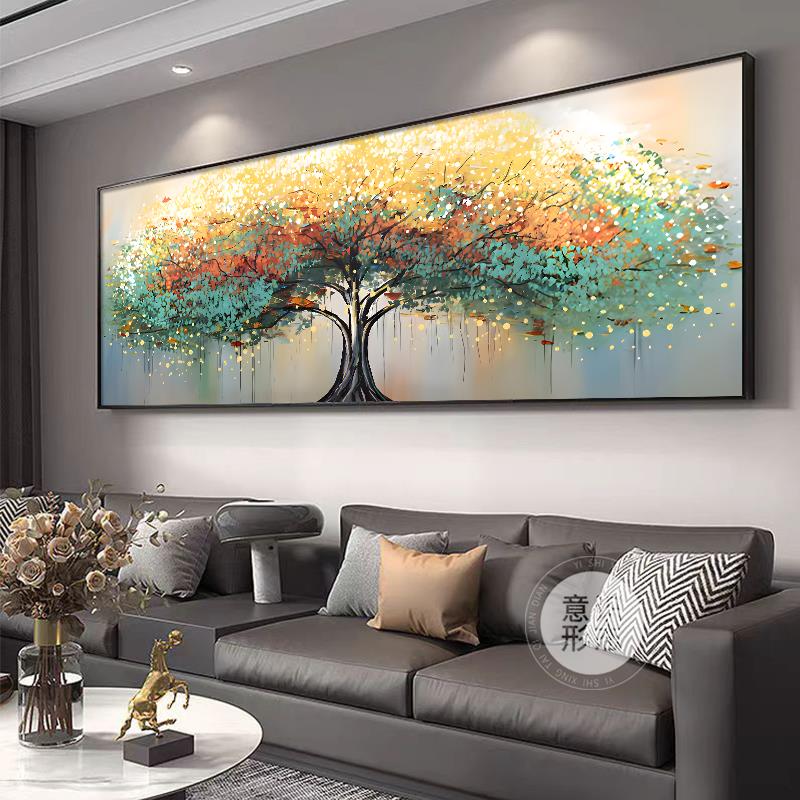 发财树沙发背景墙挂画轻奢高级感客厅装饰画2025新款横幅抽象壁画