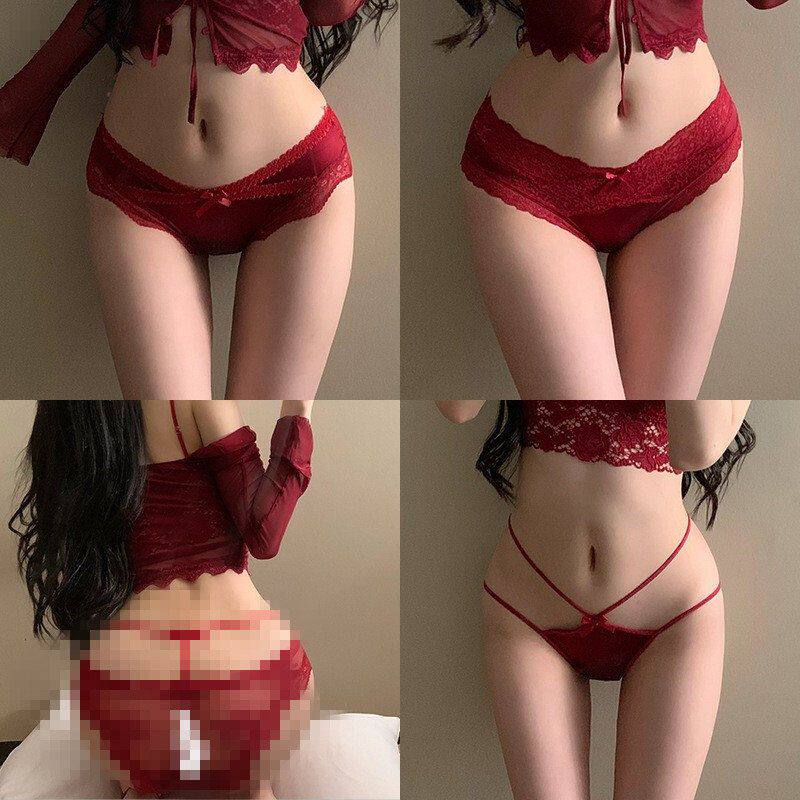 新年组合安可拉红性感高奢缎面蕾丝内裤女纯欲镂空诱惑火辣本命年