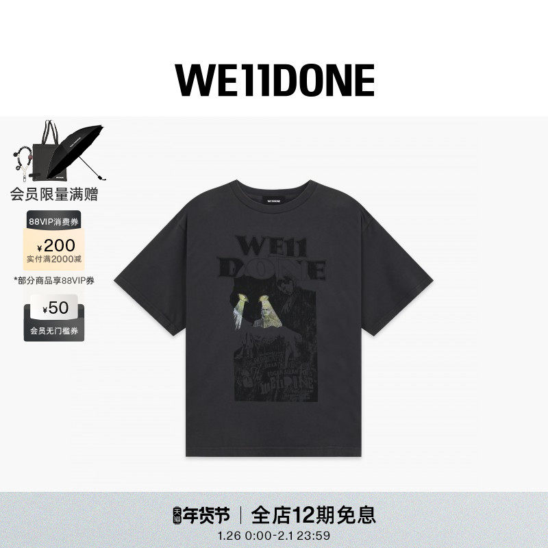 WE11DONE25早秋中性男女同款猫咪海报印花圆领短袖T恤休闲