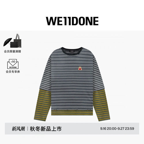 WE11DONE26早秋新品男女同款条纹爱心小熊撞色长袖T恤时尚潮流