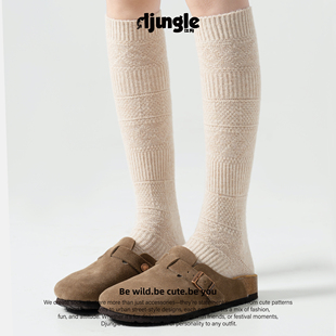 江狗羊毛袜子女中筒袜秋冬保暖显瘦小腿袜简约条纹纯色长筒堆堆袜