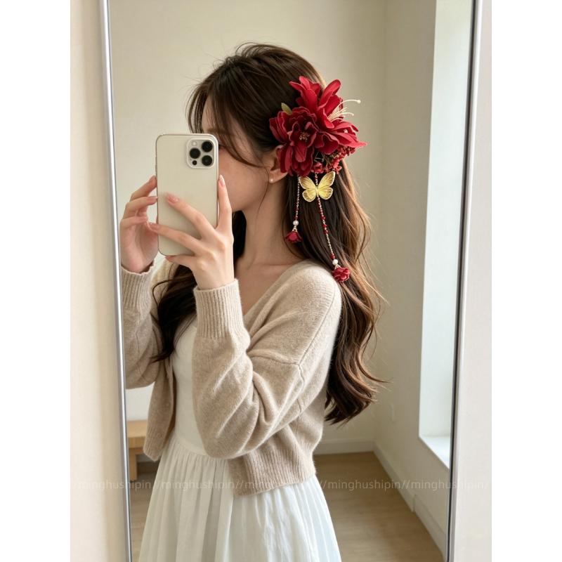新中式红花流苏新娘发夹图片