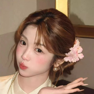 新中式粉色花朵发夹侧边夹订婚头饰古风发卡国风旗袍发饰配饰夹子