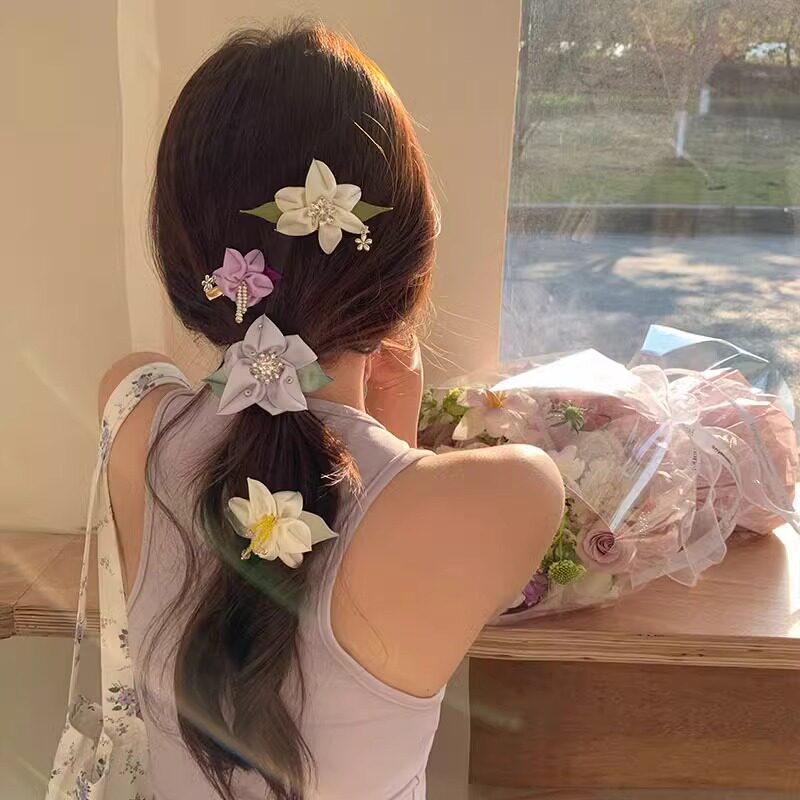 早春色调~手作立体百合花发夹度假风发饰女发卡侧边夹氛围感头花