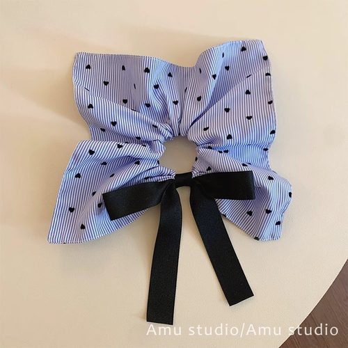 蓝色条纹波点蝴蝶结方巾大肠发圈女高级感超大方形发饰扎头发头绳