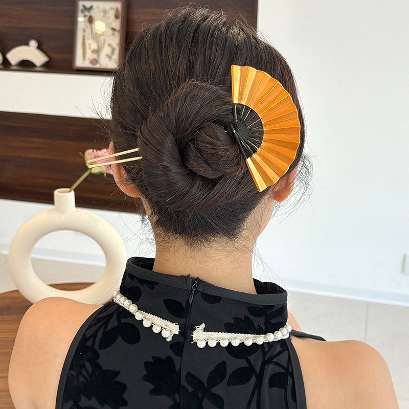 新中式古风金色扇子发簪女高端旗袍汉服新娘头饰2025新款U型发钗