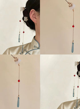 新中式长款蓝色水滴流苏垂坠发簪女复古清冷感气质感中国风发饰