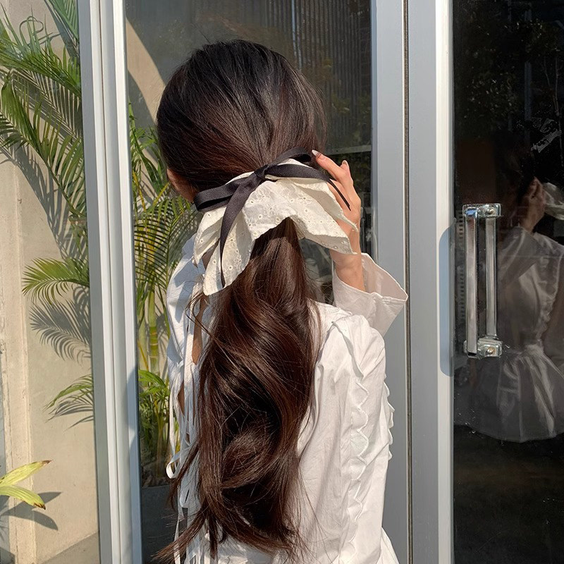 米色蕾丝绣花大蝴蝶结方巾大肠发圈气质方形扎头发低马尾发绳头绳