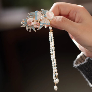 蝶恋花 超仙气质清新粉蓝色头发夹子古风汉服 发夹精致小边夹侧边