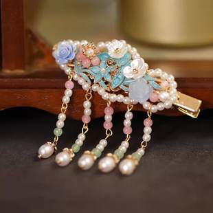 两侧发夹高端精致侧边短发耳边夹古风发卡流苏珍珠搭配旗袍的发饰