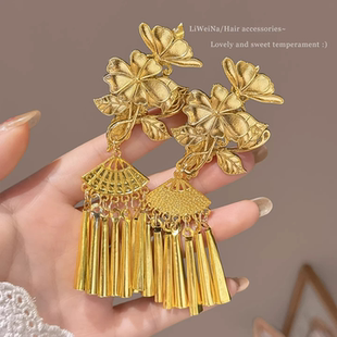 高级感金色花朵流苏发夹女新娘敬酒服边夹2026新款新中式发卡头饰