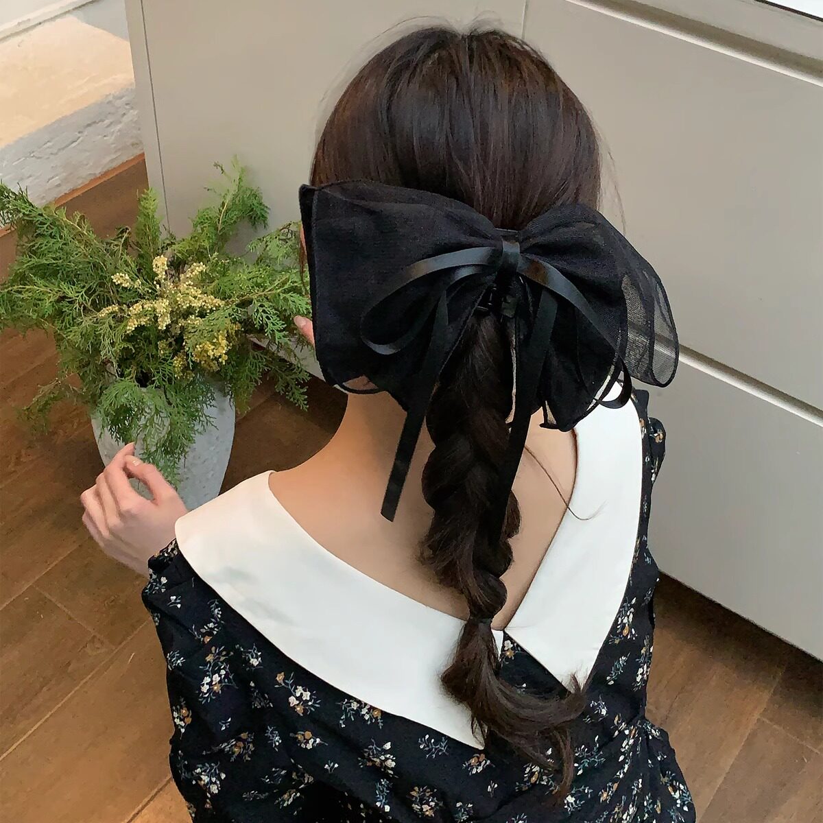欧根纱缎面大蝴蝶结马尾夹抓夹法式飘带后脑勺半扎发卡鲨鱼夹发饰