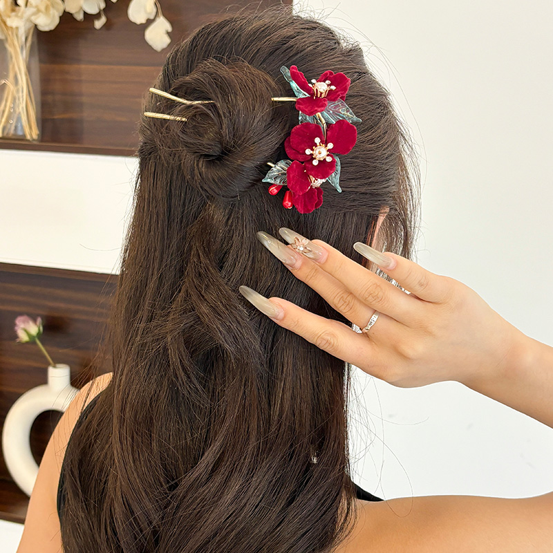 新中式头花红色插梳发夹女新娘订婚敬酒服晚礼u型发簪子发卡头饰