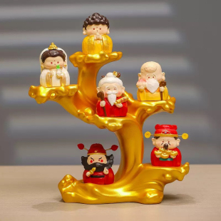 皆如愿小神仙木雕摆件可爱财神福禄寿佛祖桌面摆件装饰树脂工艺品