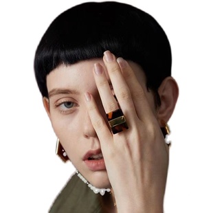 爆款~棕色方块戒指女独特设计法式复古夸张指环高级感轻奢