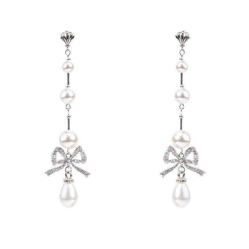 破碎都市原创珍珠耳钉长款蝴蝶结甜美复古耳环