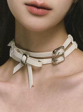 原创设计 白色双层皮带蝴蝶结颈饰项圈