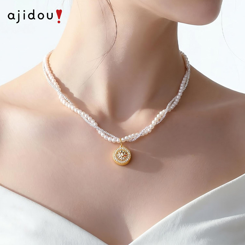 阿吉豆AJIDOU项链法式八芒星罗盘吊坠珍珠麻花颈链女款气质锁骨链