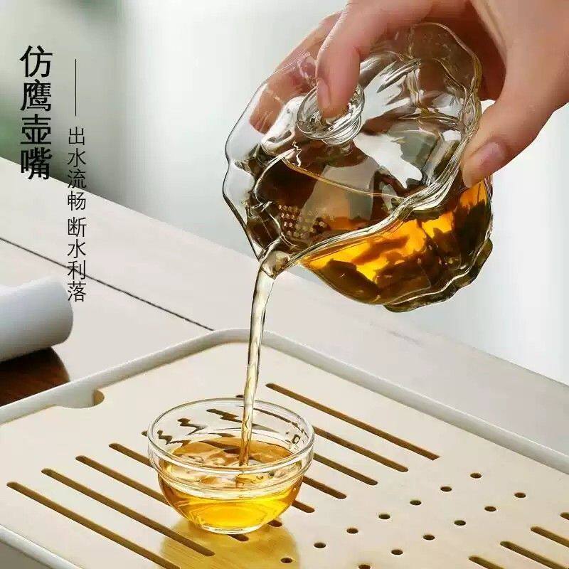 玻璃茶具百财莲花盖碗泡茶碗耐热防烫手抓壶带过滤孔功夫茶具茶杯