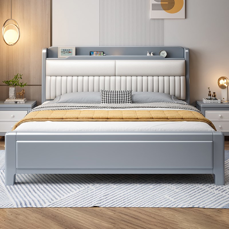 床 北欧简易现代简约实木床白色气压高箱储物床1..8米双人床