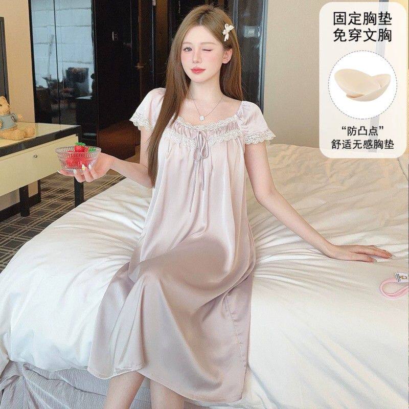 法式性感冰丝短袖睡裙女夏季带胸垫花边中长款2026新款睡衣家居服