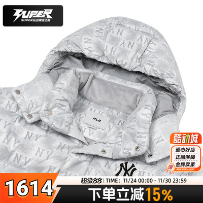 MLB儿童羽绒服NY满印老花 25冬季新款短款羽绒夹克连帽保暖外套潮
