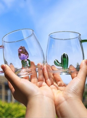 立体玫瑰花耐热玻璃杯带把水杯咖啡杯女夏季可爱办公室好看的杯子