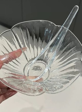 日式玻璃碗带勺子透明耐高温花瓣沙拉冰淇淋燕窝甜品碗茶具绿茶碗
